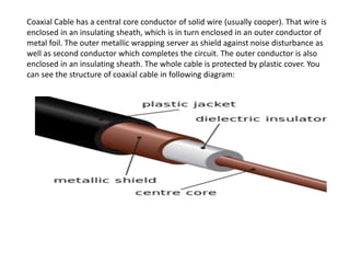 Coaxial Cable has a central core conductor of solid wire (usually cooper). That wire is
enclosed in an insulating sheath, which is in turn enclosed in an outer conductor of
metal foil. The outer metallic wrapping server as shield against noise disturbance as
well as second conductor which completes the circuit. The outer conductor is also
enclosed in an insulating sheath. The whole cable is protected by plastic cover. You
can see the structure of coaxial cable in following diagram:
 