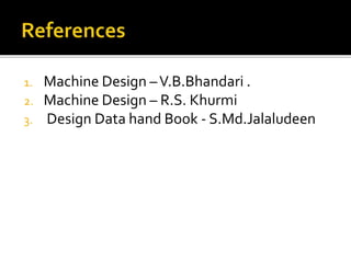 1. Machine Design –V.B.Bhandari .
2. Machine Design – R.S. Khurmi
3. Design Data hand Book - S.Md.Jalaludeen
 