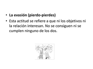 • La evasión (pierdo-pierdes)
• Esta actitud se refiere a que ni los objetivos ni
la relación interesan. No se consiguen ni se
cumplen ninguno de los dos.
 