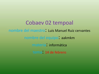 Cobaev 02 tempoal
nombre del maestro: Luis Manuel Ruiz cervantes
       nombre del equipo: aakmkm
            materia: informática
            tema: 14 de febrero
 