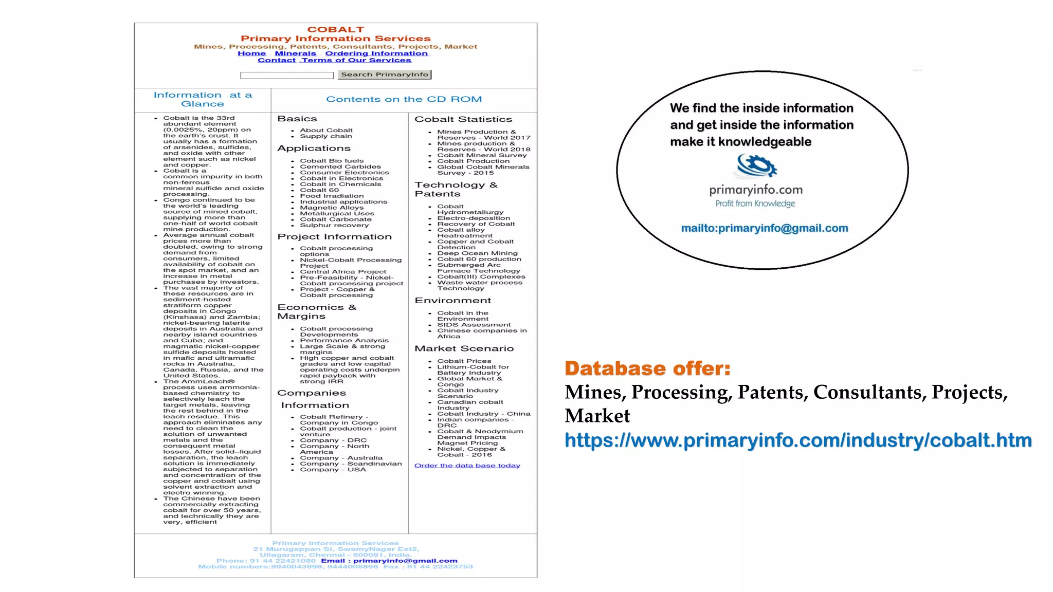 Database offer:
Mines, Processing, Patents, Consultants, Projects,
Market
https://www.primaryinfo.com/industry/cobalt.htm
 