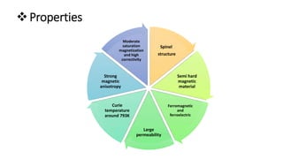 Properties
Spinel
structure
Semi hard
magnetic
material
Ferromagnetic
and
ferroelectric
Large
permeability
Curie
temperature
around 793K
Strong
magnetic
anisotropy
Moderate
saturation
magnetization
and high
correctivity
 