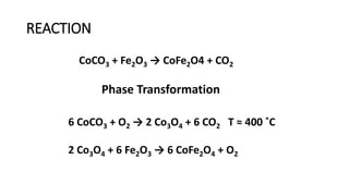 REACTION
CoCO3 + Fe2O3 → CoFe2O4 + CO2
6 CoCO3 + O2 → 2 Co3O4 + 6 CO2 T ≈ 400 ˚C
2 Co3O4 + 6 Fe2O3 → 6 CoFe2O4 + O2
Phase Transformation
 