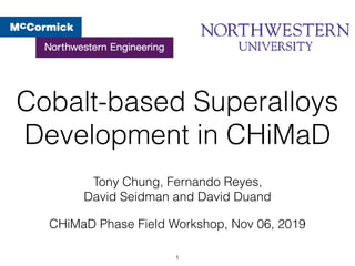 Cobalt-based Superalloys
Development in CHiMaD
1
Tony Chung, Fernando Reyes,
David Seidman and David Duand
CHiMaD Phase Field Workshop, Nov 06, 2019
 