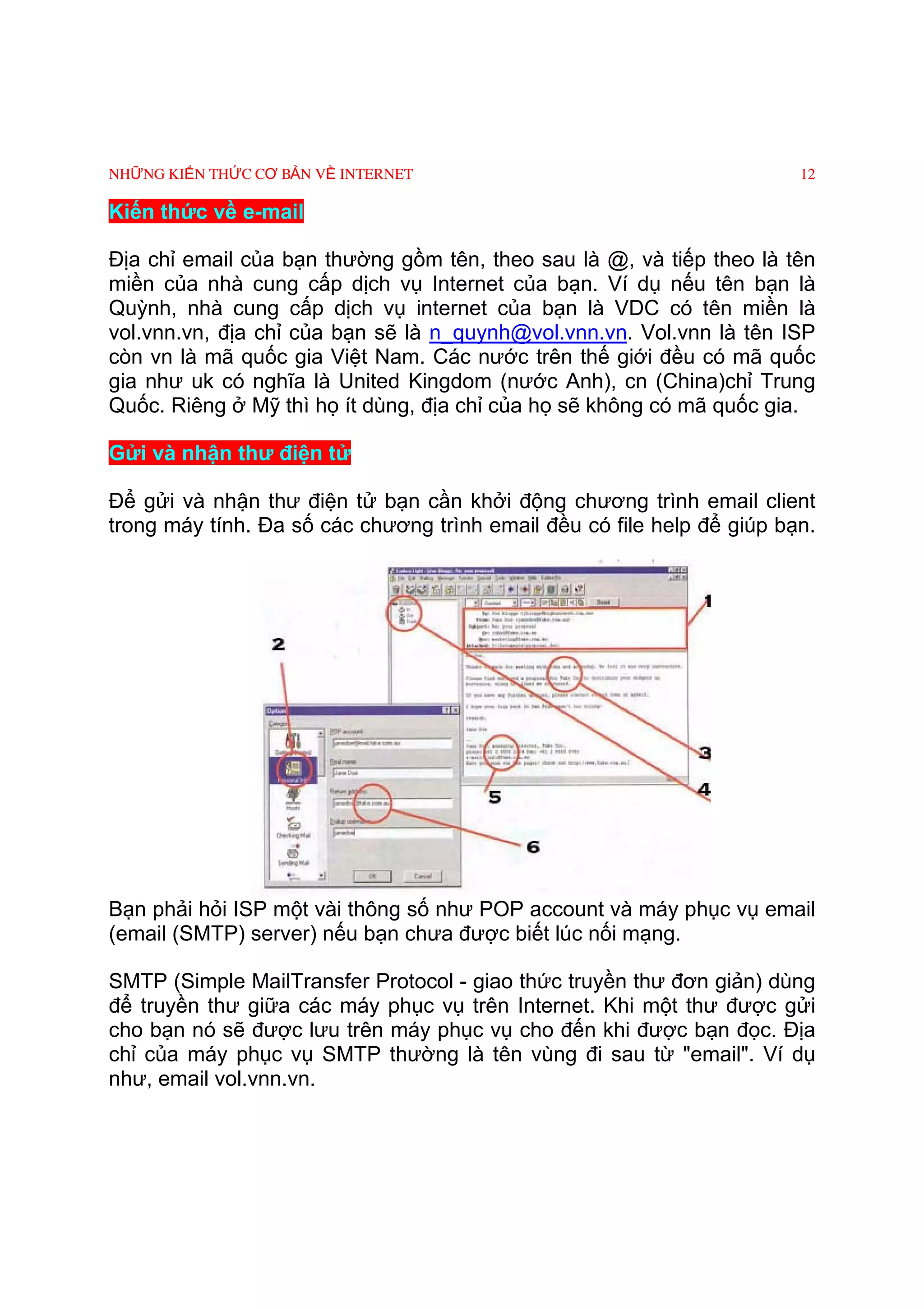 NHỮNG KIẾN THỨC CƠ BẢN VỀ INTERNET                                      12

Kiến thức về e-mail

Ðịa chỉ email của bạn thường gồm tên, theo sau là @, và tiếp theo là tên
miền của nhà cung cấp dịch vụ Internet của bạn. Ví dụ nếu tên bạn là
Quỳnh, nhà cung cấp dịch vụ internet của bạn là VDC có tên miền là
vol.vnn.vn, địa chỉ của bạn sẽ là n_quynh@vol.vnn.vn. Vol.vnn là tên ISP
còn vn là mã quốc gia Việt Nam. Các nước trên thế giới đều có mã quốc
gia như uk có nghĩa là United Kingdom (nước Anh), cn (China)chỉ Trung
Quốc. Riêng ở Mỹ thì họ ít dùng, địa chỉ của họ sẽ không có mã quốc gia.

Gửi và nhận thư điện tử

Ðể gửi và nhận thư điện tử bạn cần khởi động chương trình email client
trong máy tính. Ða số các chương trình email đều có file help để giúp bạn.




Bạn phải hỏi ISP một vài thông số như POP account và máy phục vụ email
(email (SMTP) server) nếu bạn chưa được biết lúc nối mạng.

SMTP (Simple MailTransfer Protocol - giao thức truyền thư đơn giản) dùng
để truyền thư giữa các máy phục vụ trên Internet. Khi một thư được gửi
cho bạn nó sẽ được lưu trên máy phục vụ cho đến khi được bạn đọc. Ðịa
chỉ của máy phục vụ SMTP thường là tên vùng đi sau từ "email". Ví dụ
như, email vol.vnn.vn.
 