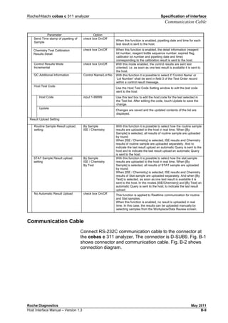 Roche/Hitachi cobas c 311 analyzer Specification of interface
Communication Cable
Roche Diagnostics May 2011
Host Interface Manual – Version 1.3 B-9
Parameter Option
Send Time stamp of pipetting of
Sample
check box On/Off
When this function is enabled, pipetting date and time for each
test result is sent to the host.
Chemistry Test Calibration
Results Detail
check box On/Off When this function is enabled, the detail information (reagent
lot number, reagent bottle sequence number, expired flag,
calibrator lot number and pipetting date and time)
corresponding to the calibration result is sent to the host.
Control Results Mode
Incremental
check box On/Off With this mode enabled, the control results are sent test
oriented; i.e. as soon as one test result is available it is sent to
the host.
QC Additional Information Control Name/Lot No With this function it is possible to select if ‘Control Name’ or
‘Lot Number’ shall be sent in field 3 of the Test Order record
within a control result message.
Host Test Code
Use the Host Test Code Setting window to edit the test code
sent to the host
Host Code input 1-99999 Use this text box to edit the host code for the test selected in
the Test list. After editing the code, touch Update to save the
change.
Update
Changes are saved and the updated contents of the list are
displayed.
Result Upload Setting
Routine Sample Result upload
setting
By Sample
ISE / Chemistry
With this function it is possible to select how the routine sample
results are uploaded to the host in real time. When [By
Sample] is selected, all results of routine sample are uploaded
by round.
When [ISE / Chemistry] is selected, ISE results and Chemistry
results of routine sample are uploaded separately. And to
indicate the last result upload an automatic Query is sent to the
host and to indicate the last result upload an automatic Query
is sent to the host.
STAT Sample Result upload
setting
By Sample
ISE / Chemistry
By Test
With this function it is possible to select how the stat sample
results are uploaded to the host in real time. When [By
Sample] is selected, all results of STAT sample are uploaded
by round.
When [ISE / Chemistry] is selected, ISE results and Chemistry
results of Stat sample are uploaded separately. And when [By
Test] is selected, as soon as one test result is available it is
sent to the host. In the modes [ISE/Chemistry] and [By Test] an
automatic Query is sent to the host, to indicate the last result
upload.
No Automatic Result Upload check box On/Off This function is applied to Realtime communication for routine
and Stat samples.
When this function is enabled, no result is uploaded in real
time. In this case, the results can be uploaded manually by
selecting samples from the Workplace/Data Review screen.
Communication Cable
Connect RS-232C communication cable to the connector at
the cobas c 311 analyzer. The connector is D-SUB9. Fig. B-1
shows connector and communication cable. Fig. B-2 shows
connection diagram.
 