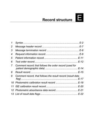 Record structure E
1 Syntax ................................................................................. E-2
2 Message header record ...................................................... E-7
3 Message termination record ............................................... E-8
4 Request information record................................................. E-9
5 Patient information record................................................. E-11
6 Test order record............................................................... E-12
7 Comment record, that follows the order record (used for
patient demographic data) ............................................... E-14
8 Result record..................................................................... E-15
9 Comment record, that follows the result record (result data
flag) .................................................................................. E-17
10 Photometric calibration result record ................................ E-18
11 ISE calibration result record.............................................. E-20
12 Photometric absorbance data record................................ E-21
13 List of result data flags ...................................................... E-22
 