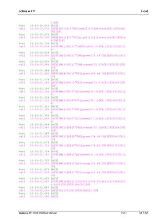 cobas u 411 Host
cobas u 411 Host Interface Manual V 2.1 33 / 52
][LF]
Host 10:35:00,593 [ACK]
u411 10:35:00,672 [STX]5R|10|10^ERY|neg|||||||service[CR][ETX]AA[
CR][LF]
Host 10:35:00,672 [ACK]
u411 10:35:00,750 [STX]6R|11|11^COL|p.yel|||||||service[CR][ETX]4
9[CR][LF]
Host 10:35:00,750 [ACK]
u411 10:35:00,828 [STX]7M|1|RR|11^COM|blue|74.53[CR][ETX]1D[CR][L
F]
Host 10:35:00,828 [ACK]
u411 10:35:00,906 [STX]0M|2|RR|11^COM|green|73.39[CR][ETX]83[CR][
LF]
Host 10:35:00,906 [ACK]
u411 10:35:00,984 [STX]1M|3|RR|11^COM|orange|72.37[CR][ETX]ED[CR]
[LF]
Host 10:35:00,984 [ACK]
u411 10:35:01,062 [STX]2M|4|RR|10^ERY|green|68.44[CR][ETX]97[CR][
LF]
Host 10:35:01,078 [ACK]
u411 10:35:01,140 [STX]3M|5|RR|10^ERY|orange|73.07[CR][ETX]FF[CR]
[LF]
Host 10:35:01,156 [ACK]
u411 10:35:01,234 [STX]4M|6|RR|3^LEU|green|76.90[CR][ETX]63[CR][L
F]
Host 10:35:01,234 [ACK]
u411 10:35:01,312 [STX]5M|7|RR|4^NIT|green|78.11[CR][ETX]66[CR][L
F]
Host 10:35:01,312 [ACK]
u411 10:35:01,390 [STX]6M|8|RR|7^KET|green|62.41[CR][ETX]60[CR][L
F]
Host 10:35:01,390 [ACK]
u411 10:35:01,468 [STX]7M|9|RR|6^GLU|green|77.33[CR][ETX]6C[CR][L
F]
Host 10:35:01,468 [ACK]
u411 10:35:01,547 [STX]0M|10|RR|5^PRO|orange|70.10[CR][ETX]F4[CR]
[LF]
Host 10:35:01,547 [ACK]
u411 10:35:01,625 [STX]1M|11|RR|8^UBG|green|74.08[CR][ETX]86[CR][
LF]
Host 10:35:01,625 [ACK]
u411 10:35:01,703 [STX]2M|12|RR|9^BIL|green|73.60[CR][ETX]7F[CR][
LF]
Host 10:35:01,718 [ACK]
u411 10:35:01,781 [STX]3M|13|RR|2^pH|green|32.52[CR][ETX]57[CR][L
F]
Host 10:35:01,797 [ACK]
u411 10:35:01,875 [STX]4M|14|RR|2^pH|orange|21.44[CR][ETX]C3[CR][
LF]
Host 10:35:01,875 [ACK]
u411 10:35:01,953 [STX]5M|15|RR|1^SG|orange|05.43[CR][ETX]A7[CR][
LF]
Host 10:35:01,953 [ACK]
u411 10:35:02,047 [STX]6M|16|RC|||2001601|20111001|ctrl|123456|20
111001[CR][ETX]3B[CR][LF]
Host 10:35:02,047 [ACK]
u411 10:35:02,093 [STX]7L|1|N[CR][ETX]0A[CR][LF]
Host 10:35:02,093 [ACK]
u411 10:35:02,140 [EOT]
 