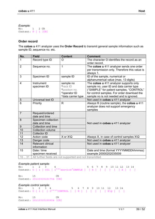 cobas u 411 Host
cobas u 411 Host Interface Manual V 2.1 39 / 52
Example:
No: 1 2 CR
Content: P | 1 [CR]
Order record
The cobas u 411 analyzer uses the Order Record to transmit general sample information such as
sample ID, sequence no. etc.
No. Field Content Comment
1 Record type ID O The character O identifies the record as an
order record.
2 Sequence no. 1 The cobas u 411 analyzer sends one order
per transmission only. Therefore this value is
always 1.
3 Specimen ID sample ID ID of the sample, numerical or
alphanumerical value (max. 13 digits)
4 Instrument
specimen ID
sample no
^rack ID
^position no.
^operator ID
^data carrier type
The cobas u 411 analyzer supports only
sample no, user ID and data carrier type
(“SAMPLE” for patient samples, “CONTROL”
for control samples. For order download the
sample no is not needed and is ignored.
5 Universal test ID Not used in cobas u 411 analyzer
6 Priority R Always R (routine sample), the cobas u 411
analyzer does not support emergency
samples
7 Request/ordered
date and time
8 Specimen collection
date and time
9 Collection end time
10 Collection volume
11 Collector ID
Not used in cobas u 411 analyzer
12 Action code X or XQ Always X, in case of control samples XQ
13 Danger code Not used in cobas u 411 analyzer
14 Relevant clinical
information
Not used in cobas u 411 analyzer
15 Date / time
specimen received
Date and time (format YYYYMMDDhhmmss)
example 20000202035009
16 .. 31 All further fields are not supported and not transmitted
Example patient sample:
No: 1 2 3 4 5 6 7 8 9 10 11 12 13 14
Content: O | 1 | 001 | 1^^^service^SAMPLE | | R | | | | | | X | | |
No: 15 CR
Content: 20110315101754 [CR]
Example control sample:
No: 1 2 3 4 5 6 7 8 9 10 11 12 13 14
Content: O | 1 | | 0^^^^CONTROL | | R | | | | | | XQ | | |
No: 15 CR
Content: 20110315100924 [CR]
 
