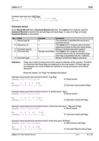 cobas u 411 Host
cobas u 411 Host Interface Manual V 2.1 41 / 52
Example (test strip error: R/X-Flag):
No: 1 2 3 4 5 6 7 8 9 CR
Content: R | 2 | ^^^2 | | | | R | | X [CR]
Comment record
Every Result Record has a Comment Record attached. The cobas u 411 analyzer uses the
Comment Record to transmit the sample flags and result flags. In case of no flag, an empty
Comment Record is transmitted.
No. Field Content Comment
1 Record type ID C The character C identifies the record as a
comment record.
2 Sequence no. 1 The cobas u 411 analyzer uses the same
sequence number as the prior result record.
3 Comment source I Always I (clinical instrument system)
4 Comment text Sample result flags The cobas u 411 analyzer uses the
comment record only for transmitting flags,
each flag is separated with the ^ delimiter.
5 Comment type I Always I (instrument flag(s) comment)
Attention: Flags are in order to bring some of the values to attention of the operator. Therefore
it is important that these flags are displayed on the host system. If these flags are
not displayed, this could mislead the operator to wrong conclusions and medical
decisions!
Read the chapter “2.4 Flags” for detailed information!
Example (result record and comment record no flag):
Content: R|2|^^^2|7|||||[CR]  Result record
No: 1 2 3 4 5 CR
Content: C | 2 | I | | I [CR]  Comment record without flags
Example (result record and comment record edited result: !-flag:):
Content: R|2|^^^2|6|||||[CR]  Result record
No: 1 2 3 4 5 CR
Content: C | 2 | I | ! | I [CR]  Comment record with flags
Example (result record and comment record abnormal and sieve: *-flag and S-flag):
Content: R|2|^^^2|8|||||[CR]  Result record
No: 1 2 3 4 5 CR
Content: C | 2 | I | *^S | I [CR]  Comment record with flags
Example (result record and comment record test strip error: R/X-flag):
Content: R|2|^^^2||||R||X[CR]  Result record with flags
No: 1 2 3 4 5 CR
Content: C | 2 | I | | I [CR]  Comment Record without flags
 