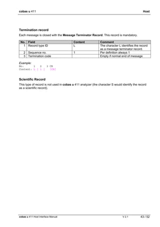 cobas u 411 Host
cobas u 411 Host Interface Manual V 2.1 43 / 52
Termination record
Each message is closed with the Message Terminator Record. This record is mandatory.
No. Field Content Comment
1 Record type ID L The character L identifies the record
as a message terminator record.
2 Sequence no. 1 Per definition always 1
3 Termination code Empty if normal end of message
Example:
No: 1 2 3 CR
Content: L | 1 | [CR]
Scientific Record
This type of record is not used in cobas u 411 analyzer (the character S would identify the record
as a scientific record).
 