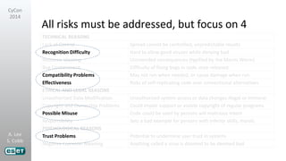 A. Lee
S. Cobb
CyCon
2014
All risks must be addressed, but focus on 4
TECHNICAL REASONS
Lack of Control Spread cannot be controlled, unpredictable results
Recognition Difficulty Hard to allow good viruses while denying bad
Resource Wasting Unintended consequences (typified by the Morris Worm)
Bug Containment Difficulty of fixing bugs in code once released
Compatibility Problems May not run when needed, or cause damage when run
Effectiveness Risks of self-replicating code over conventional alternatives
ETHICAL AND LEGAL REASONS
Unauthorized Data Modification Unauthorized system access or data changes illegal or immoral
Copyright and Ownership Problems Could impair support or violate copyright of regular programs
Possible Misuse Code could be used by persons will malicious intent
Responsibility Sets a bad example for persons with inferior skills, morals
PSYCHOLOGICAL REASONS
Trust Problems Potential to undermine user trust in systems
Negative Common Meaning Anything called a virus is doomed to be deemed bad
 