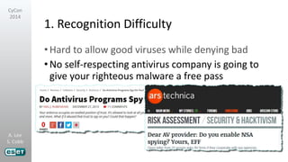 A. Lee
S. Cobb
CyCon
2014
1. Recognition Difficulty
•Hard to allow good viruses while denying bad
•No self-respecting antivirus company is going to
give your righteous malware a free pass
 