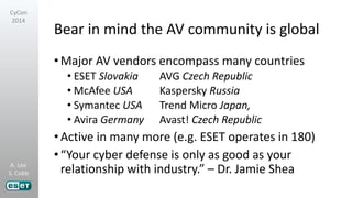 A. Lee
S. Cobb
CyCon
2014
Bear in mind the AV community is global
•Major AV vendors encompass many countries
• ESET Slovakia AVG Czech Republic
• McAfee USA Kaspersky Russia
• Symantec USA Trend Micro Japan,
• Avira Germany Avast! Czech Republic
•Active in many more (e.g. ESET operates in 180)
•“Your cyber defense is only as good as your
relationship with industry.” – Dr. Jamie Shea
 