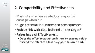 A. Lee
S. Cobb
CyCon
2014
2. Compatibility and Effectiveness
•May not run when needed, or may cause
damage when run
•Huge potential for unintended consequences
•Reduce risk with detailed intel on the target?
•Raises issue of Effectiveness:
• Does the effort to get enough intel to execute safely
exceed the effort of a less risky path to same end?
 