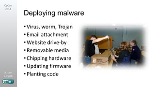 A. Lee
S. Cobb
CyCon
2014
Deploying malware
•Virus, worm, Trojan
•Email attachment
•Website drive-by
•Removable media
•Chipping hardware
•Updating firmware
•Planting code
 