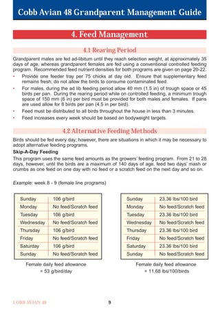 Cobb Avian 48 Grandparent Management Guide
COBB AVIAN 48 9
4. Feed Management
4.1 Rearing Period
Grandparent males are fed ad-libitum until they reach selection weight, at approximately 35
days of age, whereas grandparent females are fed using a conventional controlled feeding
program. Recommended feed nutrient densities for both programs are given on page 20-22.
• Provide one feeder tray per 75 chicks at day old. Ensure that supplementary feed
remains fresh; do not allow the birds to consume contaminated feed.
• For males, during the ad lib feeding period allow 40 mm (1.5 in) of trough space or 45
birds per pan. During the rearing period while on controlled feeding, a minimum trough
space of 150 mm (6 in) per bird must be provided for both males and females. If pans
are used allow for 8 birds per pan (4.5 in per bird).
• Feed must be distributed to all birds throughout the house in less than 3 minutes.
• Feed increases every week should be based on bodyweight targets.
4.2 Alternative Feeding Methods
Birds should be fed every day; however, there are situations in which it may be necessary to
adopt alternative feeding programs.
Skip-A-Day Feeding
This program uses the same feed amounts as the growers’ feeding program. From 21 to 28
days, however, until the birds are a maximum of 140 days of age, feed two days’ mash or
crumbs as one feed on one day with no feed or a scratch feed on the next day and so on.
Example: week 8 - 9 (female line programs)
Female daily feed allowance Female daily feed allowance
= 53 g/bird/day = 11.68 lbs/100/birds
Sunday 106 g/bird
Monday No feed/Scratch feed
Tuesday 106 g/bird
Wednesday No feed/Scratch feed
Thursday 106 g/bird
Friday No feed/Scratch feed
Saturday 106 g/bird
Sunday No feed/Scratch feed
Sunday 23.36 lbs/100 bird
Monday No feed/Scratch feed
Tuesday 23.36 lbs/100 bird
Wednesday No feed/Scratch feed
Thursday 23.36 lbs/100 bird
Friday No feed/Scratch feed
Saturday 23.36 lbs/100 bird
Sunday No feed/Scratch feed
OK.Avian 48 GP 1/6P 1/19/06 3:20 PM Page 13
 