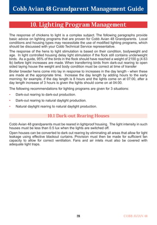 Cobb Avian 48 Grandparent Management Guide
COBB AVIAN 48
28
10. Lighting Program Management
The response of chickens to light is a complex subject. The following paragraphs provide
basic advice on lighting programs that are proven for Cobb Avian 48 Grandparents. Local
conditions and housing types may necessitate the use of modified lighting programs, which
should be discussed with your Cobb Technical Service representative.
The response of the hens to light stimulation is based on their condition, bodyweight and
age. In light controlled housing delay light stimulation if the flock still contains underweight
birds. As a guide, 95% of the birds in the flock should have reached a weight of 2100 g (4.63
lb) before light increases are made. When transferring birds from dark-out rearing to open
sided laying house the weight and body condition must be correct at time of transfer
Broiler breeder hens come into lay in response to increases in the day length - when these
are made at the appropriate time. Increase the day length by adding hours to the early
morning; for example, if the day length is 8 hours and the lights come on at 07:00, after a
day length increase of 3 hours is given the lights should come on at 04:00.
The following recommendations for lighting programs are given for 3 situations:
• Dark-out rearing to dark-out production.
• Dark-out rearing to natural daylight production.
• Natural daylight rearing to natural daylight production.
10.1 Dark-out Rearing Houses
Cobb Avian 48 grandparents must be reared in lightproof housing. The light intensity in such
houses must be less than 0.5 lux when the lights are switched off.
Open houses can be converted to dark out rearing by eliminating all areas that allow for light
leakage using effective blackout curtains. Provision must then be made for sufficient fan
capacity to allow for correct ventilation. Fans and air inlets must also be covered with
adequate light traps.
OK.Avian 48 GP 1/6P 1/19/06 3:20 PM Page 32
 
