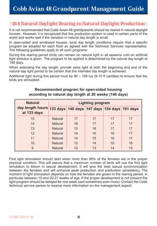 Cobb Avian 48 Grandparent Management Guide
COBB AVIAN 48 31
10.4 Natural Daylight Rearing to Natural Daylight Production
It is not recommended that Cobb Avian 48 grandparents should be reared in natural daylight
houses. However, it is recognized that this production system is used in certain parts of the
world and works well if the variation in natural day length is small.
In open-sided and windowed houses, local day length conditions require that a specific
program be adopted for each flock as agreed with the Technical Services representative.
The following guidelines apply to all such programs:
During the rearing period birds can remain on natural light in all seasons until an artificial
light stimulus is given. The program to be applied is determined by the natural day length at
140 days.
When extending the day length, provide extra light at both the beginning and end of the
natural day light period to be certain that the intended day length is achieved.
Additional light during this period must be 80 – 100 lux (8-10 ft candles) to ensure that the
birds are stimulated.
Recommended program for open-sided housing
according to natural day length at 20 weeks (140 days)
First light stimulation should start when more than 90% of the females are in the proper
physical condition. This will assure that a maximum number of birds will use the first light
simulation to bloom in sexual development. It will give the best sexual synchronization
between the females and will enhance peak production and production persistency. The
moment of light stimulation depends on how the females are grown in the rearing period, in
particular between 15 and 20-21 weeks of age. If the proper development is not present the
light program should be delayed for one week (and sometimes even more). Contact the Cobb
technical service person to receive more information on the management aspect.
Lighting program
133 days 140 days 147 days 154 days 161 days
15 Natural 17 17 17 17
14 Natural 16 17 17 17
13 Natural 15 16 17 17
12 Natural 14 15 16 17
11 Natural 14 15 16 17
10 Natural 13 14 15 16
9 Natural 12 13 14 15
Natural
day length hours
at 133 days
OK.Avian 48 GP 1/6P 1/19/06 3:20 PM Page 35
 