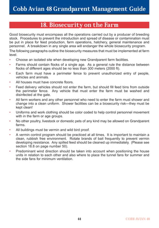 Cobb Avian 48 Grandparent Management Guide
COBB AVIAN 48
44
18. Biosecurity on the Farm
Good biosecurity must encompass all the operations carried out by a producer of breeding
stock. Procedures to prevent the introduction and spread of disease or contamination must
be put in place for feed production, farm operations, hatchery, general maintenance and
personnel. A breakdown in any single area will endanger the whole biosecurity program.
The following paragraphs outline the biosecurity measures that must be implemented at farm
level.
• Choose an isolated site when developing new Grandparent farm facilities.
• Farms should contain flocks of a single age. As a general rule the distance between
flocks of different ages should be no less than 300 meters (2000 ft).
• Each farm must have a perimeter fence to prevent unauthorized entry of people,
vehicles and animals.
• All houses must have concrete floors.
• Feed delivery vehicles should not enter the farm, but should fill feed bins from outside
the perimeter fence. Any vehicle that must enter the farm must be washed and
disinfected at the gate.
• All farm workers and any other personnel who need to enter the farm must shower and
change into a clean uniform. Shower facilities can be a biosecurity risk—they must be
kept clean!
• Uniforms and work clothing should be color coded to help control personnel movement
with in the farm or age groups.
• No other poultry, livestock or domestic pets of any kind may be allowed on Grandparent
farms.
• All buildings must be vermin and wild bird proof.
• A vermin control program should be practiced at all times. It is important to maintain a
clean, rubbish free environment. Rotate brands of bait frequently to prevent vermin
developing resistance. Any spilled feed should be cleaned up immediately. (Please see
section 18.8 on page number 50).
• Predominant wind direction should be taken into account when positioning the house
units in relation to each other and also where to place the tunnel fans for summer and
the side fans for minimum ventilation.
OK.Avian 48 GP 1/6P 1/19/06 3:20 PM Page 48
 