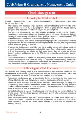 Cobb Avian 48 Grandparent Management Guide
COBB AVIAN 48 1
1. Chick Management
1.1 Preparing for Chick Arrival
The key to success in rearing lies in an effective management program starting well before
the chicks arrive on site.
• The brooding farm must be a single age farm. Isolate the brooding farm from older birds.
Brood chicks on an all-in, all-out program. Have a good brooder house security
program. The stockman should work only on the brooding farm.
• The rearing facilities must be clean and pathogen free before the chicks arrive. Detailed
cleaning and hygiene procedures are described later in this guide. Remember that site
biosecurity must be maintained at all times and that biosecurity regulations apply 365
days of the year, including periods when the farm is empty.
• It is advised that you have trained and experienced people who know the local customs
regulations and the necessary documentation procedures required, ensuring clearance
from customs as quickly as possible.
• It is essential that transport for chicks from the airport be carried out in clean, sanitized,
properly ventilated, temperature controlled chick vans. Every effort must be made to co-
ordinate transportation schedules so that upon arrival, day old chicks are cleared
through customs and transported to the GPS farm and placed under brooders as soon
as possible.
• Grandparent farms must be secure. The poultry house doors must be kept closed and
vehicles entering the farm must first carry out approved wheel-cleaning procedures.
Only authorized visitors and personnel should enter the premises (after showering) and
they must wear clean protective uniforms provided on the farm.
1.2 Planning for Chick Placement
Take time to plan stocking rates to suit environmental or local climactic conditions, and
remember that males will be significantly heavier than the females at selection. Extra floor
space is needed for the males to ensure the best potential from the stock.
• Assignment numbers may vary at each intake. Before laying out a site for a placement
of day-old chicks, be sure that you have received confirmation of chick numbers.
• Cover the whole floor with litter to prevent heat loss. Level shavings by raking and
compressing firmly. Uneven litter creates uneven floor temperatures, causing groups of
chicks to huddle in pockets or under equipment. This could restrict access to feed and
water at this critical time of development.
• Ventilate the house to ensure that all residues of formaldehyde are removed before the
chicks arrive. Formaldehyde gas can inhibit early growth rate and create immediate
uniformity problems.
• Start pre-heating the buildings 24 to 36 hours before the chicks arrive, depending on
climactic conditions. This will ensure the floor is warm and the air temperature is correct
when the chicks are placed. Make regular checks to ensure that all brooders are
working correctly.
OK.Avian 48 GP 1/6P 1/19/06 3:20 PM Page 5
 