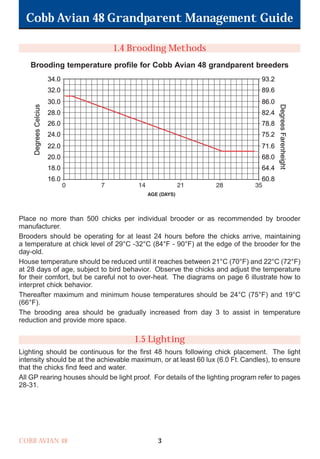 Cobb Avian 48 Grandparent Management Guide
COBB AVIAN 48 3
1.4 Brooding Methods
Brooding temperature profile for Cobb Avian 48 grandparent breeders
Place no more than 500 chicks per individual brooder or as recommended by brooder
manufacturer.
Brooders should be operating for at least 24 hours before the chicks arrive, maintaining
a temperature at chick level of 29°C -32°C (84°F - 90°F) at the edge of the brooder for the
day-old.
House temperature should be reduced until it reaches between 21°C (70°F) and 22°C (72°F)
at 28 days of age, subject to bird behavior. Observe the chicks and adjust the temperature
for their comfort, but be careful not to over-heat. The diagrams on page 6 illustrate how to
interpret chick behavior.
Thereafter maximum and minimum house temperatures should be 24°C (75°F) and 19°C
(66°F).
The brooding area should be gradually increased from day 3 to assist in temperature
reduction and provide more space.
1.5 Lighting
Lighting should be continuous for the first 48 hours following chick placement. The light
intensity should be at the achievable maximum, or at least 60 lux (6.0 Ft. Candles), to ensure
that the chicks find feed and water.
All GP rearing houses should be light proof. For details of the lighting program refer to pages
28-31.
OK.Avian 48 GP 1/6P 1/19/06 3:20 PM Page 7
 