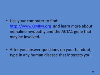 12
Why don’t you rest? I am going to search the OMIM
database to find out more about your possible gene
mutation.
Use your computer and go to:
http://www.OMIM.org
and find out more about nemaline
myopathy and the ACTA1 gene that
may be involved.
After you answer questions on
your handout, type in any human
disease that interests you and
examine the results.
 