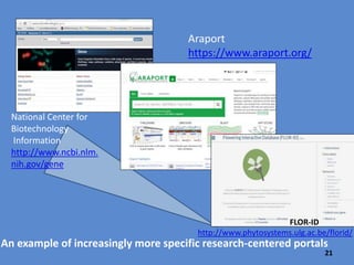 Scientists are more likely to find useful information in
bioinformatics portals that support their particular research.
21
 