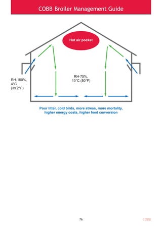 COBB Broiler Management Guide
76
Poor litter, cold birds, more stress, more mortality,
higher energy costs, higher feed conversion
RH-75%,
10°C (50°F)RH-100%,
4°C
(39.2°F)
Hot air pocket
COBB
 
