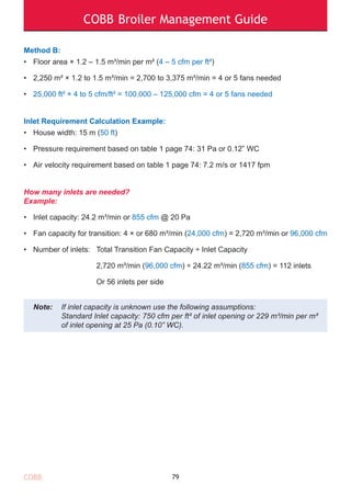 COBB Broiler Management Guide
79
Method B:
• Floor area × 1.2 – 1.5 m³/min per m² (4 – 5 cfm per ft²)
• 2,250 m² × 1.2 to 1.5 m³/min = 2,700 to 3,375 m³/min = 4 or 5 fans needed
• 25,000 ft² × 4 to 5 cfm/ft² = 100,000 – 125,000 cfm = 4 or 5 fans needed
Inlet Requirement Calculation Example:
• House width: 15 m (50 ft)
• Pressure requirement based on table 1 page 74: 31 Pa or 0.12” WC
• Air velocity requirement based on table 1 page 74: 7.2 m/s or 1417 fpm
How many inlets are needed?
Example:
• Inlet capacity: 24.2 m³/min or 855 cfm @ 20 Pa
• Fan capacity for transition: 4 × or 680 m³/min (24,000 cfm) = 2,720 m³/min or 96,000 cfm
• Number of inlets: Total Transition Fan Capacity ÷ Inlet Capacity
2,720 m³/min (96,000 cfm) ÷ 24.22 m³/min (855 cfm) = 112 inlets
Or 56 inlets per side
Note: If inlet capacity is unknown use the following assumptions:
Standard Inlet capacity: 750 cfm per ft² of inlet opening or 229 m³/min per m²
of inlet opening at 25 Pa (0.10” WC).
COBB
 