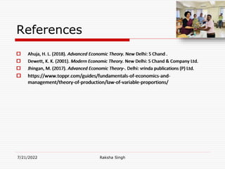References
 Ahuja, H. L. (2018). Advanced Economic Theory. New Delhi: S Chand .
 Dewett, K. K. (2001). Modern Economic Theory. New Delhi: S Chand & Company Ltd.
 Jhingan, M. (2017). Advanced Economic Theory-. Delhi: vrinda publications (P) Ltd.
 https://www.toppr.com/guides/fundamentals-of-economics-and-
management/theory-of-production/law-of-variable-proportions/
7/21/2022 Raksha Singh
 Ahuja, H. L. (2018). Advanced Economic Theory. New Delhi: S Chand .
 Dewett, K. K. (2001). Modern Economic Theory. New Delhi: S Chand & Company Ltd.
 Jhingan, M. (2017). Advanced Economic Theory-. Delhi: vrinda publications (P) Ltd.
 https://www.toppr.com/guides/fundamentals-of-economics-and-
management/theory-of-production/law-of-variable-proportions/
 