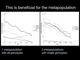 This is beneficial for the metapopulation




1 metapopulation        3 metapopulations
with all genotypes      with single genotypes
 