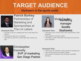 TARGET AUDIENCE
Patrick Barkley
Partnerships of
Marketing and
Sponsorships at
The LA Lakers
Outreach Plan:
• I will ask to set up a meeting with her to talk about the
industry.
• I will connect with him on LinkedIn.
• I will follow up with him a week later with a thank you
card.
PROFILE
PICTURE
Vicki Taufer
Outreach Plan:
• I will reach out to Vicki to ask if she could answer a few
questions
• I will contact her through Twitter
• I will follow up with Vicki after a few days to try and set
up an interview.
PROFILE
PICTURE
Christopher
Connelly
Outreach Plan:
• I will review his LinkedIn to learn about his background.
• I will connect with him through LinkedIn
• I will contact Christopher and schedule a possible
interview.
PROFILE
PICTURE
SVP of marketing
San Diego Padres
Marketing
manager
Seattle
Seahawks
Marketers in the sports world
 