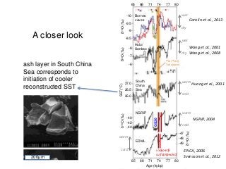 The
records of t
through the
oft-time co
regional cli
sediment c
shows no s
associated
even while
changes rec
Similarly, L
major clim
Toba ash la
(located ov
stalagmites
millennial-
samples tha
magnitude
mirrored in
d18
O record
(Figure 1).
proxy recor
sharp, prolo
2cm layer o
al., 2001).
Ear
sized erupt
on Earth’s
Timmreck
65 8077747168
65 8077747168
Age (kybp)
ice$core$$
sulfate$peaks$
40Ar/39Ar((
Toba(date(
-10
-9.5
-9
-8.5
δ18O(‰)
-8
-7
-6
δ18O(‰)
27.0
26.5
26.0
SST(°C)
-40
-42
-44
δ18O(‰)
-47
-48
-49
δ18O(‰)
Borneo
caves
Hulu/
Sanbao
South
China
Sea
NGRIP
EDML
wet
dry
warm
cold
warm
cold
warm
cold
wet
dry
GS20
A closer look
Carolin et al., 2013
Wang et al., 2001
Wang et al., 2008
Huang et al., 2001
NGRIP, 2004
EPICA, 2006
Svensson et al., 2012
ash layer in South China
Sea corresponds to
initiation of cooler
reconstructed SST
of dark subhedral biotite and rarer hornblende crystal.
The gradational contacts of the tephra layer with host
sediments in the top and bottom are a total of 20 cm in
thickness. This suggests that the tephra had been
reworked by bottom current and biotubation, which
likely diffused the tephra within the host sediments.
Two size fractions (63–150 and 150 mm) were
separated and sampled for morphological and
geochemical analyses.
The morphology of the glass shards was studied by
the Riguku Scanning Electron Microscopy (SEM) at
the Department of Geology, National Taiwan Univer-
sity. The major element compositions of the glass
shards and mineral grains were determined using a
JEOL JXA-8900R Electron Micro-Probe Analyzer
(EPMA) at the Institute of Earth Sciences, Academia
Sinica, Taiwan. Operating conditions were 15 kV,
10 nA and were focused ( 1 mm) for accelerated
voltage, probe current and beam diameter. The data
were processed using the ZAF correction routine.
S.-R. Song et al. / Marine Geology 167 (2000) 303–312306
200µm
 