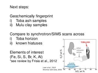 Next steps:
Geochemically fingerprint
i) Toba ash samples
ii) Mulu clay samples
Compare to synchrotron/SIMS scans across
i) Toba horizon
ii) known hiatuses
Elements of interest
(Fe, Si, S, Br, K, Al)
*see review by Frisia et al., 2012
Lane et al., 2013
Mermut and Cano, 2001
 