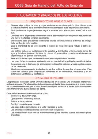COBB Guía de Manejo del Pollo de Engorde
COBB 15
3. ALOJAMIENTO (INGRESO) DE LOS POLLITOS 
•
•
•
•
•
•
•
•
•
•
Siempre aloje pollitos de edad y origen similares en un mismo galpón. Una diferencia de
5 semanas máximo es lo recomendado si necesita mezclar aves de parvadas donadoras.
El alojamiento de la granja debiera seguir el sistema “todo adentro todo afuera” (all in - all
out).
Demoras en el alojamiento contribuirán con la deshidratación de los pollitos resultando en
una mayor mortalidad y menor crecimiento.
El transporte debe proveer las condiciones ideales para los pollitos y el tiempo de entrega
debe ser lo más corto posible.
Baje la intensidad de las luces durante el ingreso de los pollitos para reducir el estrés de
las aves.
Los pollitos deben ser cuidadosamente alojados y distribuidos uniformemente cerca del
agua y del alimento dentro del área de crianza. Cuando utilice comederos adicionales de
papel coloque los pollitos sobre el papel.
Pese el 5% de las cajas para determinar el peso corporal al día de edad.
Las luces deben encenderse totalmente una vez que todos los pollitos hayan sido alojados.
Después de una o dos horas de aclimatación verifique los sistemas y haga ajustes en caso
de ser necesario.
Monitoree cuidadosamente la distribución de los pollitos durante los primeros días. Esto
puede ser utilizado para diagnosticar problemas en los comederos, bebederos y en los
sistemas de ventilación y calefacción.
Las plantas de incubación tienen un tremendo impacto en el éxito de una producción intensiva de
pollos de engorde. Para los pollitos la transición desde la planta de incubación a la granja puede
ser un proceso estresante, por lo tanto, los esfuerzos para minimizar el estrés son fundamentales
para mantener una buena calidad de pollito.
Características de una buena calidad de pollito:
• 	 Bien seco y de plumón largo.
• 	 Ojos grandes, brillantes y activos.
• 	 Pollitos activos y alertas.
• 	 Ombligo completamente cerrado.
• 	 Las patas deben ser brillantes a la vista y cerosas al tacto.
• 	 Las articulaciones tibiotarsianas no deben estar enrojecidas.
• 	 Los pollitos deben estar libre de malformaciones (patas torcidas, cuellos doblados o picos 	
	 cruzados).
3.1 REQUERIMIENTOS DE MANEJO CLAVES 
3.2 CALIDAD DE POLLITO
 