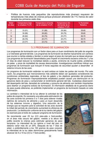 COBB22
COBB Guía de Manejo del Pollo de Engorde
Los programas de iluminación son un factor clave para un buen rendimiento del pollo de engorde
y un bienestar general del lote. Los programas de iluminación se diseñan típicamente con cambios
que ocurren a ciertas edades y tienden a variar según el peso de mercado que se desee alcanzar.
Los programas de iluminación desarrollados para impedir el crecimiento excesivo entre los 7 y los
21 días de edad reducen la mortalidad debido a ascitis, síndrome de muerte súbita, problemas
de patas y picos de mortalidad de causas desconocidas. Investigaciones científicas indican que
programas de iluminación que incluyen 6 horas seguidas de oscuridad ayudan a desarrollar el
sistema inmune de las aves.
Un programa de iluminación estándar no será exitoso en todas las partes del mundo. Por esta
razón, los programas que mencionaremos más adelante deben ser ajustados considerando las
condiciones ambientales regionales, el tipo de galpón y los objetivos generales del productor.
Programas de iluminación inapropiadamente empleados pueden causar una disminución en la
ganancia diaria de peso y comprometer el rendimiento general del lote. Cuidadosa observación
del desempeño del lote, densidad de nutrientes y consumo de alimento son también importantes
para diseñar un programa exitoso de iluminación. Si información detallada de la ganancia diaria
de peso puede obtenerse, es preferido implementar un programa de iluminación basado en esta
información.
La cantidad e intensidad de la luz alteran la actividad de los
pollos de engorde. Es necesaria una adecuada estimulación de
las aves durante los primeros 5 a 7 días para obtener niveles
óptimos de consumo de alimento y para un buen desarrollo
de los sistemas inmune y digestivo. Una reducción de la
energía que se requiere para la actividad de las aves durante
la mitad del período de crecimiento aumentará la eficiencia de
producción. La distribución uniforme de la luz dentro del galpón
es esencial para el éxito de cualquier programa de iluminación.
Se recomienda usar 25 lux (2,5 pies-vela o foot-candle),
en el área más oscura del galpón, medido a la altura del
pollito durante la crianza para estimular ganancia de peso
temprana. La intensidad de luz óptima a nivel del piso no
debería variar más de un 20%. Después de los 7 días de
edad, o preferiblemente a los 150 gramos de peso corporal,
la intensidad de la luz debe disminuirse gradualmente hasta
alcanzar de 5 a 10 lux (0,5 a 1 foot-candle).
5.3 Programas de iluminaciOn
• Pollitos de huevos más pequeños (de reproductoras más jóvenes) requieren de
temperaturas más altas de crianza porque producen alrededor de 1°C menos de calor
durante los primeros siete días.
Edad
en días
Temperatura bajo
la criadora °C (F)
Temperatura al borde
de la criadora °C (F)
Temperatura 2m
del borde de la
criadora °C (F)
% Humedad
Relativa
0
7
14
21
28
33 (91)
30 (86)
28 (82)
26 (79)
23 (77)
31 (88)
28 (82)
26 (79)
25 (77)
23 (73)
29 (84)
26 (79)
25 (77)
25 (77)
23 (73)
55-65
55-65
60-70
60-70
60-70
 