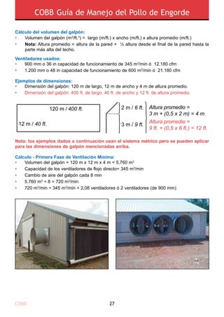 COBB 27
COBB Guía de Manejo del Pollo de Engorde
Cálculo del volumen del galpón:
Ventiladores usados:
•	 900 mm o 36 in capacidad de funcionamiento de 345 m3
/min ó 12.180 cfm
•	 1.200 mm o 48 in capacidad de funcionamiento de 600 m3
/min ó 21.180 cfm
Ejemplos de dimensiones:
•	 Dimensión del galpón: 120 m de largo, 12 m de ancho y 4 m de altura promedio.
•	 Dimensión del galpón: 400 ft. de largo, 40 ft. de ancho y 12 ft. de altura promedio.
Nota: los ejemplos dados a continuación usan el sistema métrico pero se pueden aplicar
para las dimensiones de galpón mencionadas arriba.
Cálculo - Primera Fase de Ventilación Mínima:
•	 Volumen del galpón = 120 m x 12 m x 4 m = 5,760 m3
•	 Capacidad de los ventiladores de flojo directo= 345 m3
/min
•	 Cambio de aire del galpón cada 8 min
•	 5.760 m3
÷ 8 = 720 m3
/min
•	 720 m3
/min ÷ 345 m3
/min = 2,08 ventiladores ó 2 ventiladores (de 900 mm)
•
•
}
}}12 m / 40 ft.
120 m / 400 ft. 2 m / 6 ft. Altura promedio =
3 m + (0,5 x 2 m) = 4 m
Altura promedio =
9 ft. + (0,5 x 6 ft.) = 12 ft.
3 m / 9 ft.
Volumen del galpón (m3
/ft.3
) = largo (m/ft.) x ancho (m/ft.) x altura promedio (m/ft.)
Nota: Altura promedio = altura de la pared + ½ altura desde el final de la pared hasta la
parte más alta del techo.
 