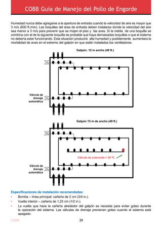 COBB 39
COBB Guía de Manejo del Pollo de Engorde
Humedad nunca debe agregarse a la apertura de entrada cuando la velocidad de aire es mayor que
3 m/s (600 ft./min). Las boquillas del área de entrada deben instalarse donde la velocidad del aire
sea menor a 3 m/s para prevenir que se mojen el piso y las aves. Si la niebla de una boquilla se
combina con el de la siguiente boquilla es probable que haya demasiadas boquillas o que el sistema
no debería estar funcionando. Esta situación producirá alta humedad y posiblemente aumentara la
mortalidad de aves en el extremo del galpón en que están instalados los ventiladores.
Galpón: 12 m ancho (40 ft.)
Válvula de
drenaje
automática
Válvula de
drenaje
automática
Galpón 15 m de ancho (49 ft.)
Válvula de solenoide > 30 ºC
•
•
•
Bomba – línea principal: cañería de 2 cm (3/4 in.).
Vuelta interior – cañería de 1,25 cm (1/2 in.).
La vuelta que hace la cañería alrededor del galpón se necesita para evitar goteo durante
la operación del sistema. Las válvulas de drenaje previenen goteo cuando el sistema está
apagado.
Especificaciones de instalación recomendadas:
 