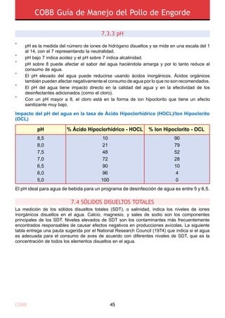 COBB 45
COBB Guía de Manejo del Pollo de Engorde
pH % Ion Hipoclorito - OCL
10
21
48
72
90
96
100
90
79
52
28
10
4
0
% Ácido Hipoclorhídrico - HOCL
8,5
8,0
7,5
7,0
6,5
6,0
5,0
7.4 SÓLIDOS DISUELTOS TOTALES 
7.3.3 pH
•
•
•
•
•
•
Impacto del pH del agua en la tasa de ácido hipoclorhídrico (HOCL)/ion hipoclorito
(OCL)
La medición de los sólidos disueltos totales (SDT), o salinidad, indica los niveles de iones
inorgánicos disueltos en el agua. Calcio, magnesio, y sales de sodio son los componentes
principales de los SDT. Niveles elevados de SDT son los contaminantes más frecuentemente
encontrados responsables de causar efectos negativos en producciones avícolas. La siguiente
tabla entrega una pauta sugerida por el National Research Council (1974) que indica si el agua
es adecuada para el consumo de aves de acuerdo con diferentes niveles de SDT, que es la
concentración de todos los elementos disueltos en el agua.
pH es la medida del número de iones de hidrógeno disueltos y se mide en una escala del 1
al 14, con el 7 representando la neutralidad.
pH bajo 7 indica acidez y el pH sobre 7 indica alcalinidad.
pH sobre 8 puede afectar el sabor del agua haciéndola amarga y por lo tanto reduce el
consumo de agua.
El pH elevado del agua puede reducirse usando ácidos inorgánicos. Ácidos orgánicos
también pueden afectar negativamente el consumo de agua por lo que no son recomendados.
El pH del agua tiene impacto directo en la calidad del agua y en la efectividad de los
desinfectantes adicionados (como el cloro).
Con un pH mayor a 8, el cloro está en la forma de ion hipoclorito que tiene un efecto
sanitizante muy bajo.
El pH ideal para agua de bebida para un programa de desinfección de agua es entre 5 y 6,5.
 