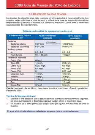 COBB 47
COBB Guía de Manejo del Pollo de Engorde
7.6 PRUEBAS DE CALIDAD DE AGUA
Las pruebas de calidad de agua debe realizarse en forma periódica al menos anualmente. Las
muestras deben colectarse al nivel de pozo y al final de la línea de bebederos utilizando un
recipiente estéril y enviando la muestra a un laboratorio acreditado. Cuando tome la muestra de
agua asegúrese de no contaminarla.
Estándares de calidad de agua para aves de corral
Fuente: Muirhead, Sarah, Good, clean water is critical component of poultry production,
Feedstuffs, 1995.
Bacterias
Bacterias totales
Bacterias coliformes
Acidez y dureza
pH
Total dureza
Elementos naturales
Calcio (Ca)
Cloro (Cl)
Cobre (Cu)
Hierro (Fe)
Plomo (Pb)
Magnesio (Mg)
Nitratos
Sulfatos
Zinc
Sodio (Na)
0 UFC/ml
0 UFC/ml
6,8 - 7,5
60 - 180 ppm
60 mg/L
14 mg/L
0,002 mg/L
0,2 mg/L
0
14 mg/L
10 mg/L
125 mg/L
32 mg/l
100 UFC/ml
50 UFC/ml
6,0 - 8,0
110 ppm
250 mg/L
0,6 mg/L
0,3 mg/L
0,02 mg/L
125 mg/L
25 mg/L
250 mg/L
1,5 mg/L
50 mg/L
Contaminante, mineral
o ion
Nivel considerado
promedio
Nivel máximo
aceptable
UFC: (Unidades
formadoras de colonias)
1.
2.
Esterilice el final de la llave o de la boquilla del niple usando una llama durante 10 segundos.
No utilice químicos para la desinfección porque pueden alterar la muestra de agua.
En ausencia de la llama permita que el agua corra por algunos minutos antes de tomar la
muestra.
Técnica de Muestreo de Agua:
El agua administrada a las aves debería ser apropiada para el consumo humano.
 