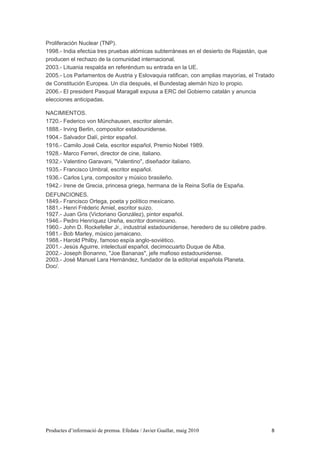 Proliferación Nuclear (TNP).
1998.- India efectúa tres pruebas atómicas subterráneas en el desierto de Rajastán, que
producen el rechazo de la comunidad internacional.
2003.- Lituania respalda en referéndum su entrada en la UE.
2005.- Los Parlamentos de Austria y Eslovaquia ratifican, con amplias mayorías, el Tratado
de Constitución Europea. Un día después, el Bundestag alemán hizo lo propio.
2006.- El president Pasqual Maragall expusa a ERC del Gobierno catalán y anuncia
elecciones anticipadas.

NACIMIENTOS.
1720.- Federico von Münchausen, escritor alemán.
1888.- Irving Berlin, compositor estadounidense.
1904.- Salvador Dalí, pintor español.
1916.- Camilo José Cela, escritor español, Premio Nobel 1989.
1928.- Marco Ferreri, director de cine, italiano.
1932.- Valentino Garavani, "Valentino", diseñador italiano.
1935.- Francisco Umbral, escritor español.
1936.- Carlos Lyra, compositor y músico brasileño.
1942.- Irene de Grecia, princesa griega, hermana de la Reina Sofía de España.
DEFUNCIONES.
1849.- Francisco Ortega, poeta y político mexicano.
1881.- Henri Fréderic Amiel, escritor suizo.
1927.- Juan Gris (Victoriano González), pintor español.
1946.- Pedro Henríquez Ureña, escritor dominicano.
1960.- John D. Rockefeller Jr., industrial estadounidense, heredero de su célebre padre.
1981.- Bob Marley, músico jamaicano.
1988.- Harold Philby, famoso espía anglo-soviético.
2001.- Jesús Aguirre, intelectual español, decimocuarto Duque de Alba.
2002.- Joseph Bonanno, "Joe Bananas", jefe mafioso estadounidense.
2003.- José Manuel Lara Hernández, fundador de la editorial española Planeta.
Doc/.




Productes d’informació de premsa. Efedata / Javier Guallar, maig 2010                      8
 