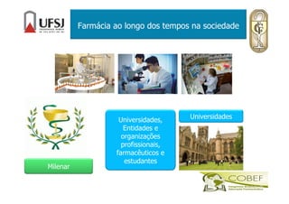 Farmácia ao longo dos tempos na sociedade
Milenar
UniversidadesUniversidades,
Entidades e
organizações
profissionais,
farmacêuticos e
estudantes
 
