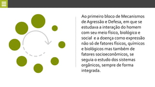 Ao primeiro bloco de Mecanismos
de Agressão e Defesa, em que se
estudava a interação do homem
com seu meio físico, biológico e
social e a doença como expressão
não só de fatores físicos, químicos
e biológicos mas também de
fatores socioeconômicos, se
seguia o estudo dos sistemas
orgânicos, sempre de forma
integrada.
 