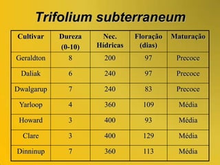 Características das espécies a semear.