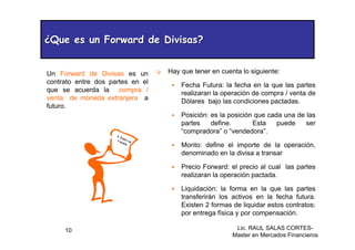 Lic. RAUL SALAS CORTES-
Master en Mercados Financieros
10
¿Que es un Forward de Divisas?
¿Que es un Forward de Divisas?
‰ Hay que tener en cuenta lo siguiente:
ƒ Fecha Futura: la fecha en la que las partes
realizaran la operación de compra / venta de
Dólares bajo las condiciones pactadas.
ƒ Posición: es la posición que cada una de las
partes define. Esta puede ser
“compradora” o “vendedora”.
ƒ Monto: define el importe de la operación,
denominado en la divisa a transar
ƒ Precio Forward: el precio al cual las partes
realizaran la operación pactada.
ƒ Liquidación: la forma en la que las partes
transferirán los activos en la fecha futura.
Existen 2 formas de liquidar estos contratos:
por entrega física y por compensación.
A Tener en
Cuenta
Un Forward de Divisas es un
contrato entre dos partes en el
que se acuerda la compra /
venta de moneda extranjera a
futuro.
 