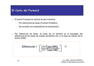 Lic. RAUL SALAS CORTES-
Master en Mercados Financieros
19
El Costo del Forward
El Costo del Forward
‰ El precio Forward se calcula de dos maneras:
ƒ Por diferencial de tasas (Forward Sintético)
ƒ De acuerdo con expectativas de devaluación.
‰ Por diferencial de tasas, el costo de un forward es el resultado del
diferencial de las tasas de interés doméstica (S/.) y la tasa de interés de la
divisa (US$):
Diferencial = (1+Tasa MN) -1
(1+ Tasa ME)
 