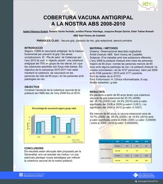 COBERTURA VACUNA ANTIGRIPAL
                    A LA NOSTRA ABS 2008-2010
Isabel Vilanova Guitart, Susana Tarrés Hurtado, Jordina Planas Vilardaga, Joaquina Borjas Quirós, Ester Tobías Rossell
                                             ABS Sant Vicenç de Castellet

            PARAULES CLAU: Vacuna grip, població de risc, grip estacional, atenció primària.

 INTRODUCCIÓ                                                MATERIAL I MÈTODES
 Segons l’OMS la vacunació antigripal és la mesura          Disseny: Observacional descriptiu logitudinal.
 fonamental per prevenir la grip i les seves                Àmbit d’estudi: ABS Sant Vicenç de Castellet.
 complicacions. El Pla de salut de Catalunya per            Subjecte: S’ha treballat amb tres poblacions diferents.
 l’any 2010 té com a objectiu assolir una cobertura         L'any 2008 la població d'estudi eren totes les persones
 antigripal del 75% en grups de risc elevat, tot i que      majors de 60 anys i només les persones menors de 60
 les cobertures assolides són força més baixes. Els         anys amb alguna patologia de risc ( la població d'estudi i la
 objectius de la campanya 2010-2011 han estat               mostra coincideixen i és de 3727 persones), ídem pel 2009
 mantenir la cobertura de vacunació en les                  amb 3106 pacients i 2010 amb 3171 pacients.
 persones de més de 65 anys i en les persones amb           Font de dades de la GTCC.
 patologies de risc.                                        Font d’informació: H. Clínica informatitzada. E-cap.
                                                            Anàlisi estadístic: g-stat.
 OBJECTIUS
 Conèixer l’evolució de la cobertura vacunal de la
 població de l’ABS des de l’any 2008 fins el 2010.          RESULTATS
                                                            Els pacients a partir de 60 anys tenen una cobertura
                                                            vacunal de grip estacional del 20.3% (2008),
                                                            del 26,7% (2009) i del 24,9% (2010) amb p-valor
                                                            significatiu del 2008 al 2009 (p-valor> 0,001), i no
                                                            significatiu del 2009 al 2010 (p-valor: 0,1427).

                                                            Els menors de 60 anys, la vacuna estacional varia de
                                                            18.7% (2008) ,de 29.2% (2009) i de 16.9% (2010) amb
                                                            p-valor significatiu entre el 2008 i 2009 ( p-valor: 0,00009)
                                                            i entre el 2009 i 2010 (p-valor: 0,0000004).




                                                                                             ANY       2008   2009             2010


                                                                                            Població   497    528               667

 CONCLUSIONS                                                         Menors de 60 anys
                                                                                            Vacunats    93    154               113
 Els resultats estan allunyats dels proposats per la
 Generalitat, ens cal estudiar els motius i un cop                                          Població   3230   2578             2504
 esbrinats plantejar noves estratègies per millorar                   A partir de 60 anys

 la cobertura vacunal de la nostra població.                                                Vacunats   657    689               625




                                                                                                                     Institut Català de la Salut
                                                                                                                     Servei d’Atenció Primària
                                                                                                                     Bages-Berguedà-Solsonès
 