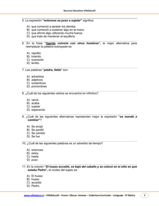 Recursos Educativos VillaEduca®
www.villaeduca.cl – VillaEduca® - Crecer. Educar. Innovar – Cobertura Curricular – Lenguaje - 5º Básico 3
5. La expresión “entonces se puso a sujetar” significa:
A) que comenzó a apretar los dientes.
B) que comenzó a sostener algo en la mano.
C) que afirmó algo utilizando mucha fuerza.
D) que trato de mantener el equilibrio.
6. En la frase “ligerito volvería con otros hombres”, la mejor alternativa para
reemplazar la palabra subrayada es:
A) rapidito
B) livianito
C) suavecito
D) lentito
7. Las palabras “piedra, falda” son:
A) adverbios
B) adjetivos
C) sustantivos
D) pronombres
8. ¿Cuál de los siguientes verbos se encuentra en infinitivo?
A) venía
B) acaba
C) sujetar
D) esperando
9. ¿Cuál de las siguientes alternativas representan mejor la expresión “se mandó a
cambiar”?
A) Se enojó
B) Se perdió
C) Se cambió
D) Se fue
10. ¿Cuál de las siguientes palabras es un adverbio de tiempo?
A) entonces
B) estoy
C) hasta
D) puso
11. En la oración “El huaso accedió, se bajó del caballo y se colocó en el sitio en que
estaba Pedro”, el núcleo del sujeto es:
A) El huaso
B) huaso
C) accedió
D) Pedro.
 