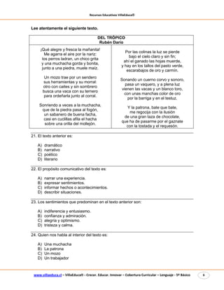 Recursos Educativos VillaEduca®
www.villaeduca.cl – VillaEduca® - Crecer. Educar. Innovar – Cobertura Curricular – Lenguaje - 5º Básico 6
Lee atentamente el siguiente texto.
DEL TRÓPICO
Rubén Darío
¡Qué alegre y fresca la mañanita!
Me agarra el aire por la nariz:
los perros ladran, un chico grita
y una muchacha gorda y bonita,
junto a una piedra, muele maíz.
Un mozo trae por un sendero
sus herramientas y su morral:
otro con caites y sin sombrero
busca una vaca con su ternero
para ordeñarla junto al corral.
Sonriendo a veces a la muchacha,
que de la piedra pasa al fogón,
un sabanero de buena facha,
casi en cuclillas afila el hacha
sobre una orilla del mollejón.
Por las colinas la luz se pierde
bajo el cielo claro y sin fin;
ahí el ganado las hojas muerde,
y hay en los tallos del pasto verde,
escarabajos de oro y carmín.
Sonando un cuerno corvo y sonoro,
pasa un vaquero, y a plena luz
vienen las vacas y un blanco toro,
con unas manchas color de oro
por la barriga y en el testuz.
Y la patrona, bate que bate,
me regocija con la ilusión
de una gran taza de chocolate,
que ha de pasarme por el gaznate
con la tostada y el requesón.
21. El texto anterior es:
A) dramático
B) narrativo
C) poético
D) literario
22. El propósito comunicativo del texto es:
A) narrar una experiencia.
B) expresar sentimientos.
C) informar hechos o acontecimientos.
D) describir situaciones.
23. Los sentimientos que predominan en el texto anterior son:
A) indiferencia y entusiasmo.
B) confianza y admiración.
C) alegría y optimismo.
D) tristeza y calma.
24. Quien nos habla al interior del texto es:
A) Una muchacha
B) La patrona
C) Un mozo
D) Un trabajador
 